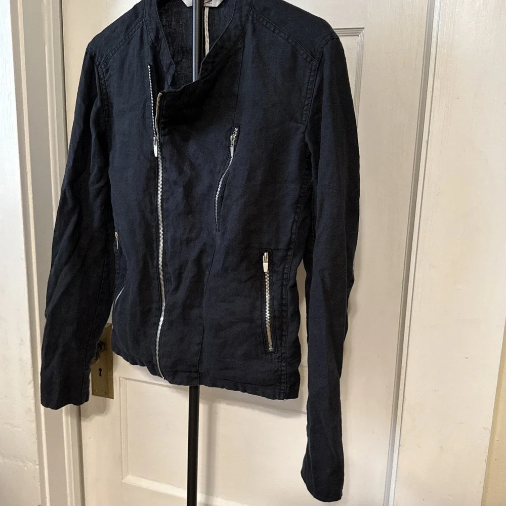 Zara Man Small Black Biker Jacket Zippers Full Zip Pockets 100% Linen
